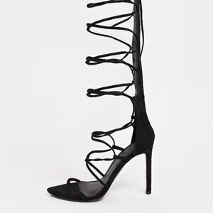 ASOS DESIGN Harsh knee high gladiator heeled suede sandals in black size 6